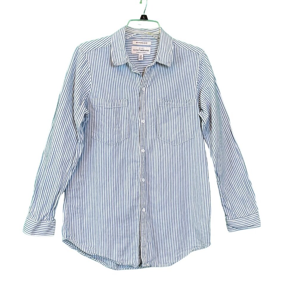Lucky Brand Womens Boyfriend Shirt Linen Blue White Stripe Long Sleeve Sz Small